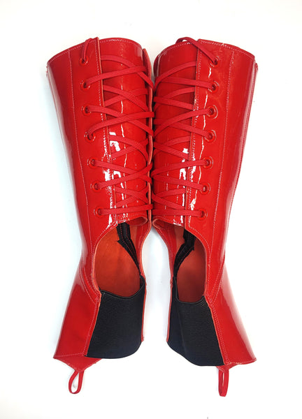 READY MADE Red Patent Pole Gaiters with toe sling Size 1-2